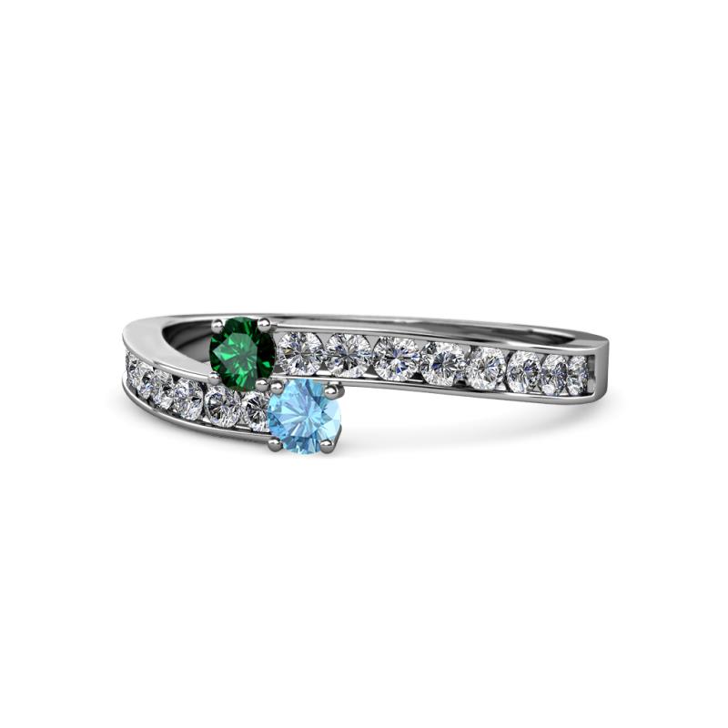 Orane Emerald and Blue Topaz with Side Diamonds Bypass Ring 