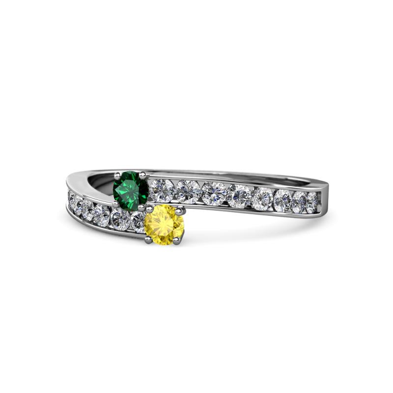 Orane Emerald and Yellow Sapphire with Side Diamonds Bypass Ring 
