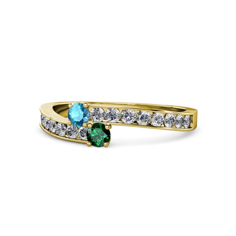Orane London Blue Topaz and Emerald with Side Diamonds Bypass Ring 