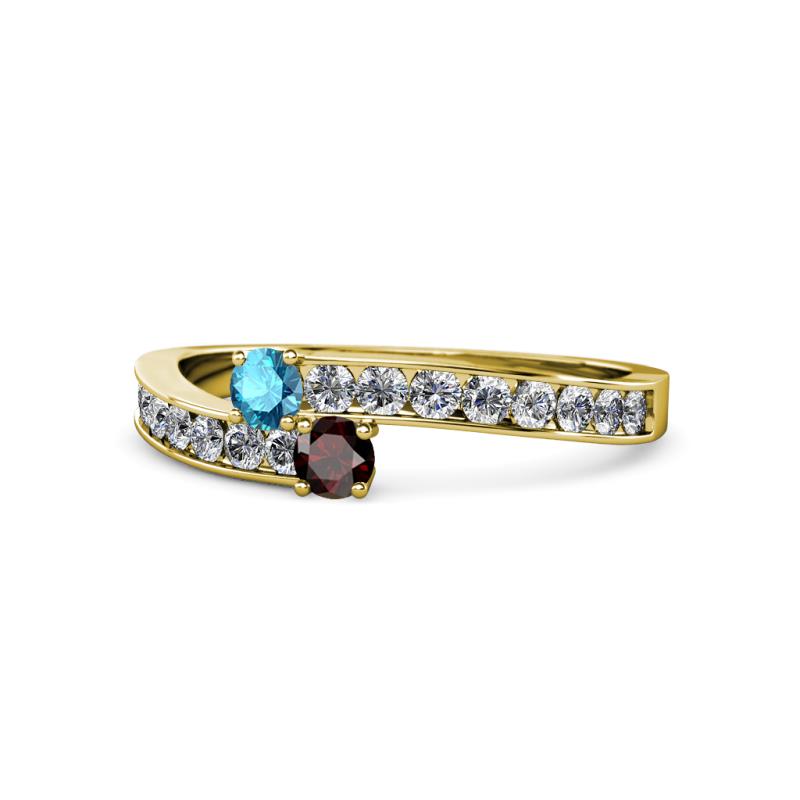 Orane London Blue Topaz and Red Garnet with Side Diamonds Bypass Ring 