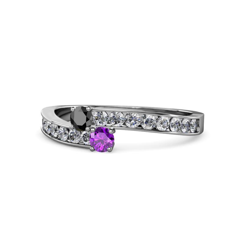 Orane Black Diamond and Amethyst with Side Diamonds Bypass Ring 