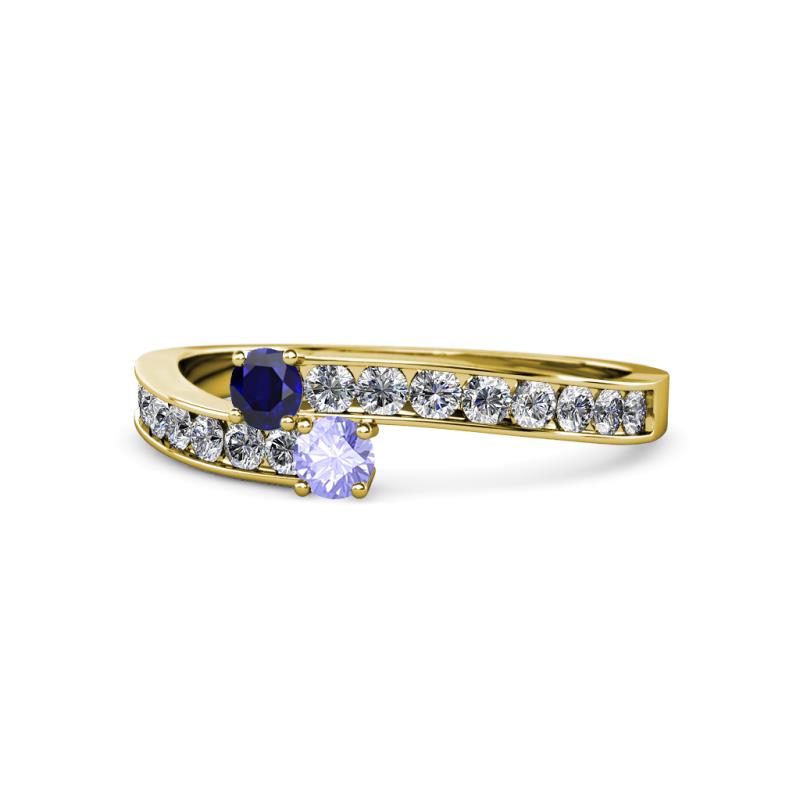 Orane Blue Sapphire and Tanzanite with Side Diamonds Bypass Ring 