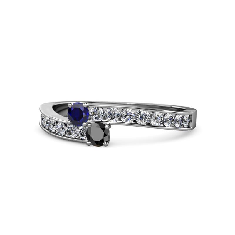 Orane Blue Sapphire and Black Diamond with Side Diamonds Bypass Ring 