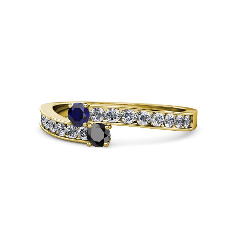 Orane Blue Sapphire and Black Diamond with Side Diamonds Bypass Ring 