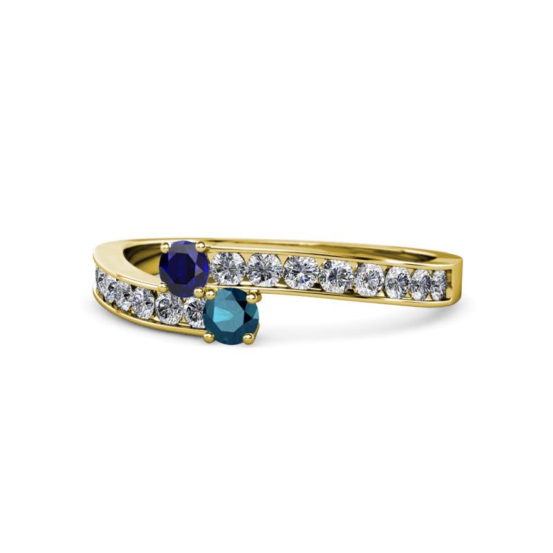 Orane Blue Sapphire and Blue Diamond with Side Diamonds Bypass Ring 