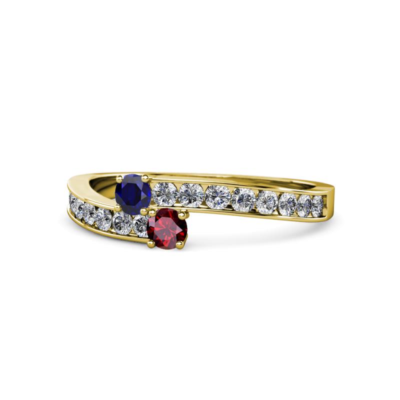 Orane Blue Sapphire and Ruby with Side Diamonds Bypass Ring 