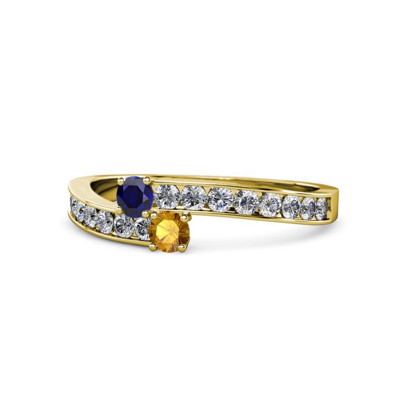 Orane Blue Sapphire and Citrine with Side Diamonds Bypass Ring 
