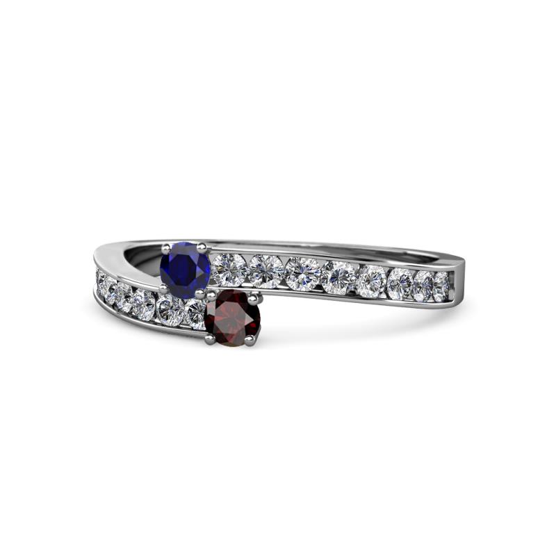 Orane Blue Sapphire and Red Garnet with Side Diamonds Bypass Ring 