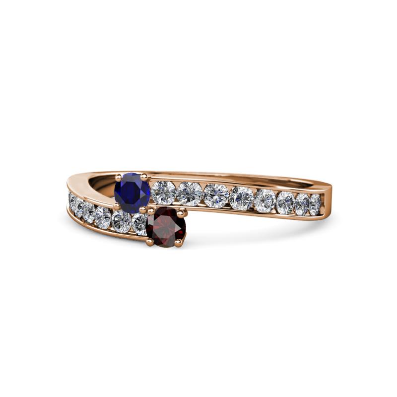 Orane Blue Sapphire and Red Garnet with Side Diamonds Bypass Ring 