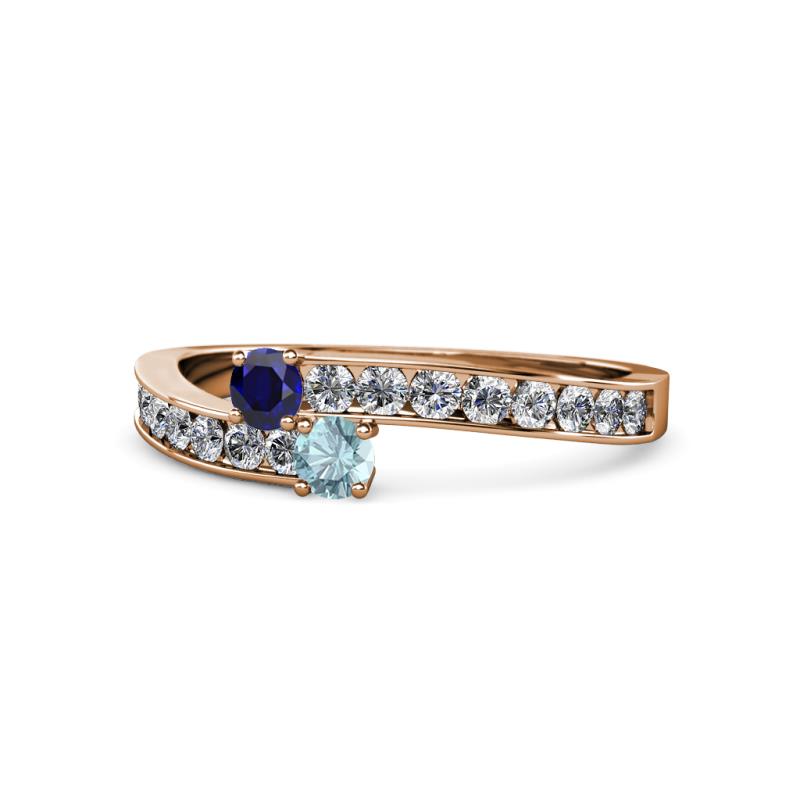 Orane Blue Sapphire and Aquamarine with Side Diamonds Bypass Ring 