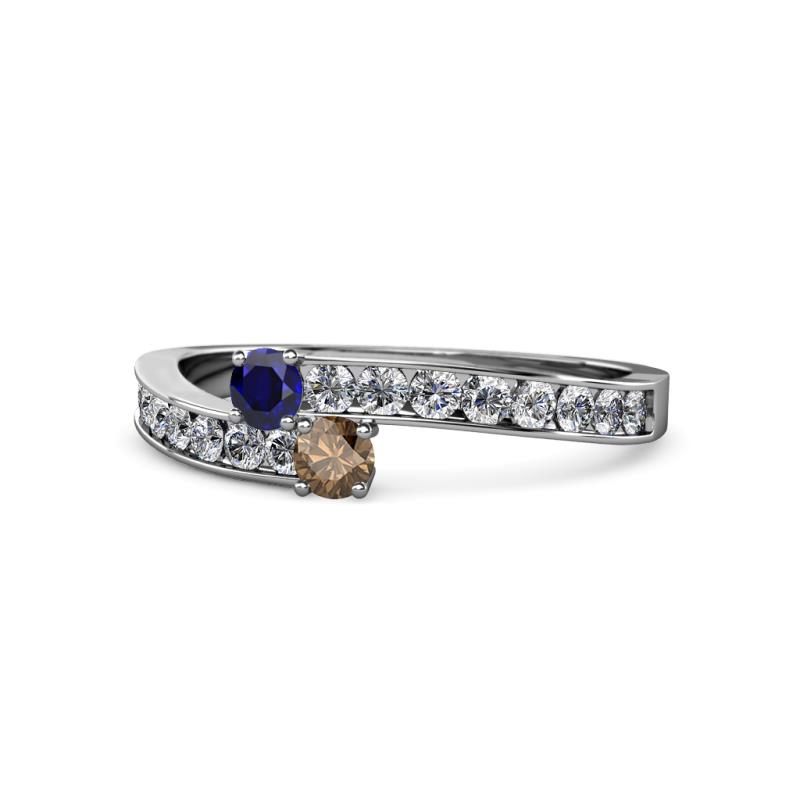 Orane Blue Sapphire and Smoky Quartz with Side Diamonds Bypass Ring 