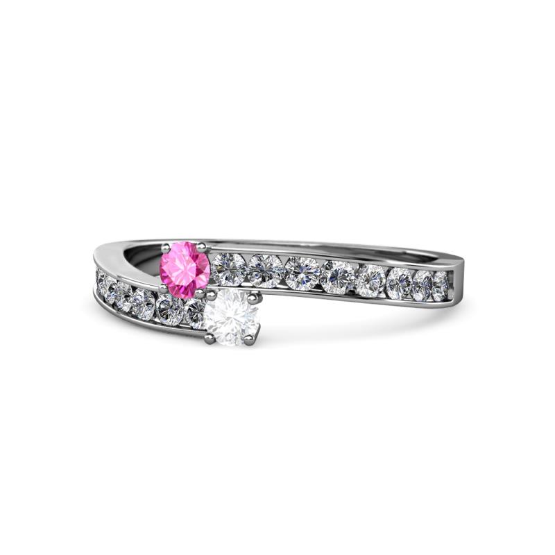 Orane Pink and White Sapphire with Side Diamonds Bypass Ring 