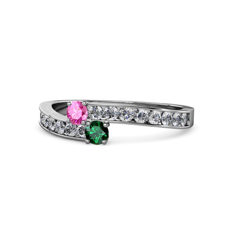 Orane Pink Sapphire and Emerald with Side Diamonds Bypass Ring 