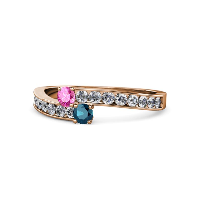 Orane Pink Sapphire and Blue Diamond with Side Diamonds Bypass Ring 