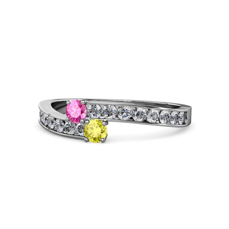 Orane Pink Sapphire and Yellow Diamond with Side Diamonds Bypass Ring 