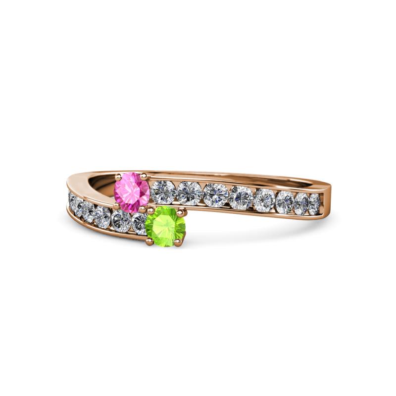 Orane Pink Sapphire and Peridot with Side Diamonds Bypass Ring 