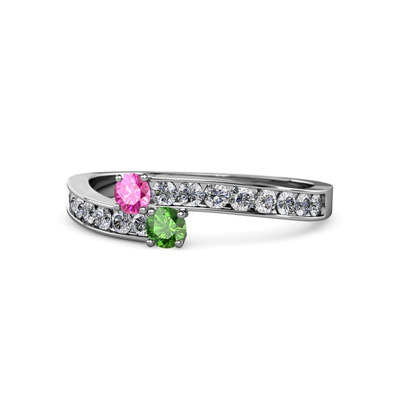 Orane Pink Sapphire and Green Garnet with Side Diamonds Bypass Ring 