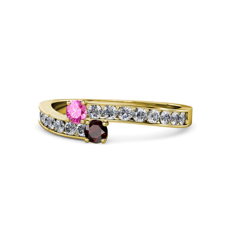 Orane Pink Sapphire and Red Garnet with Side Diamonds Bypass Ring 