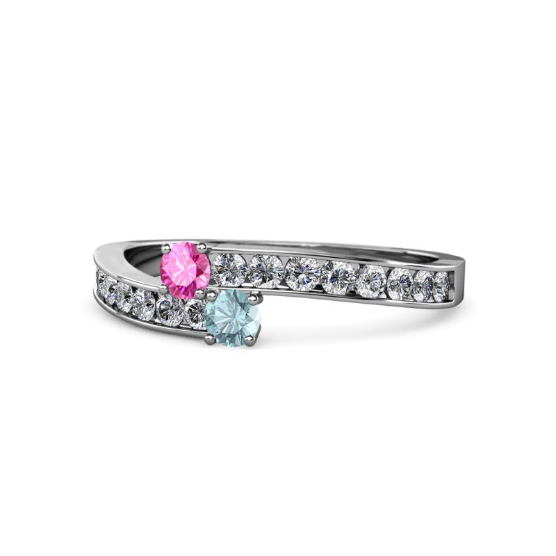 Orane Pink Sapphire and Aquamarine with Side Diamonds Bypass Ring 