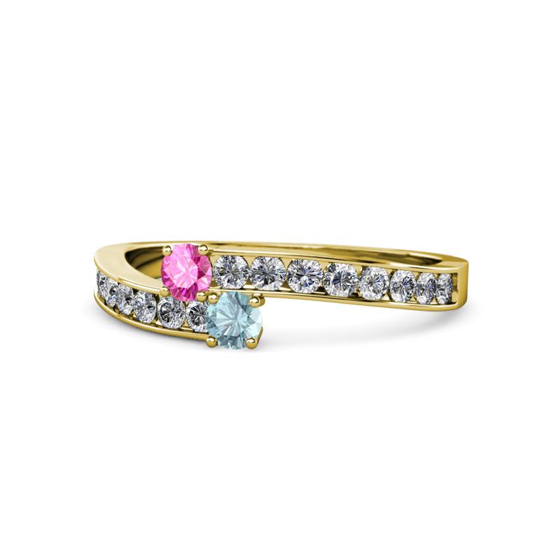 Orane Pink Sapphire and Aquamarine with Side Diamonds Bypass Ring 
