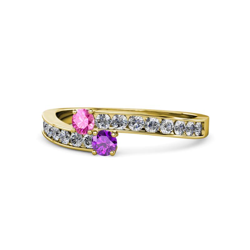 Orane Pink Sapphire and Amethyst with Side Diamonds Bypass Ring 