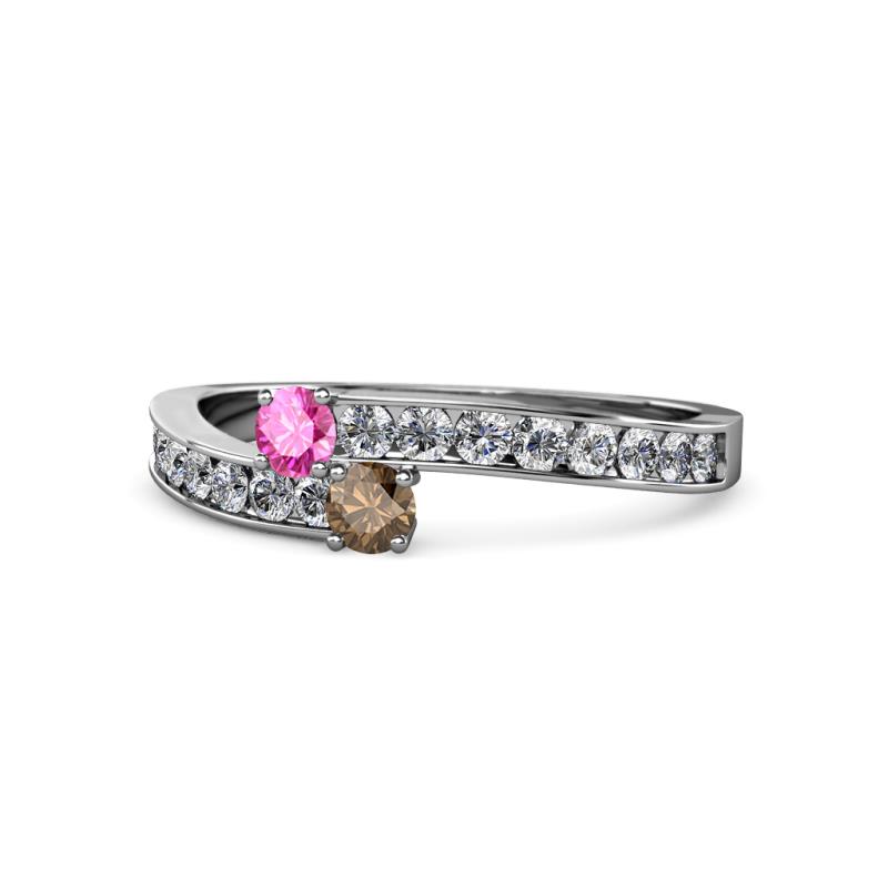 Orane Pink Sapphire and Smoky Quartz with Side Diamonds Bypass Ring 