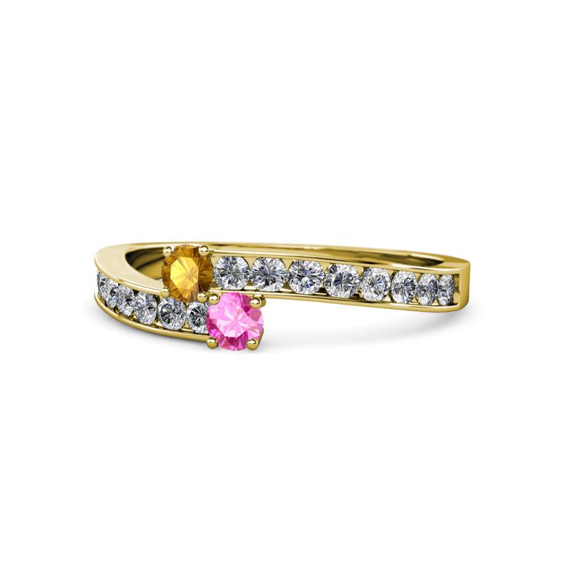 Orane Citrine and Pink Sapphire with Side Diamonds Bypass Ring 
