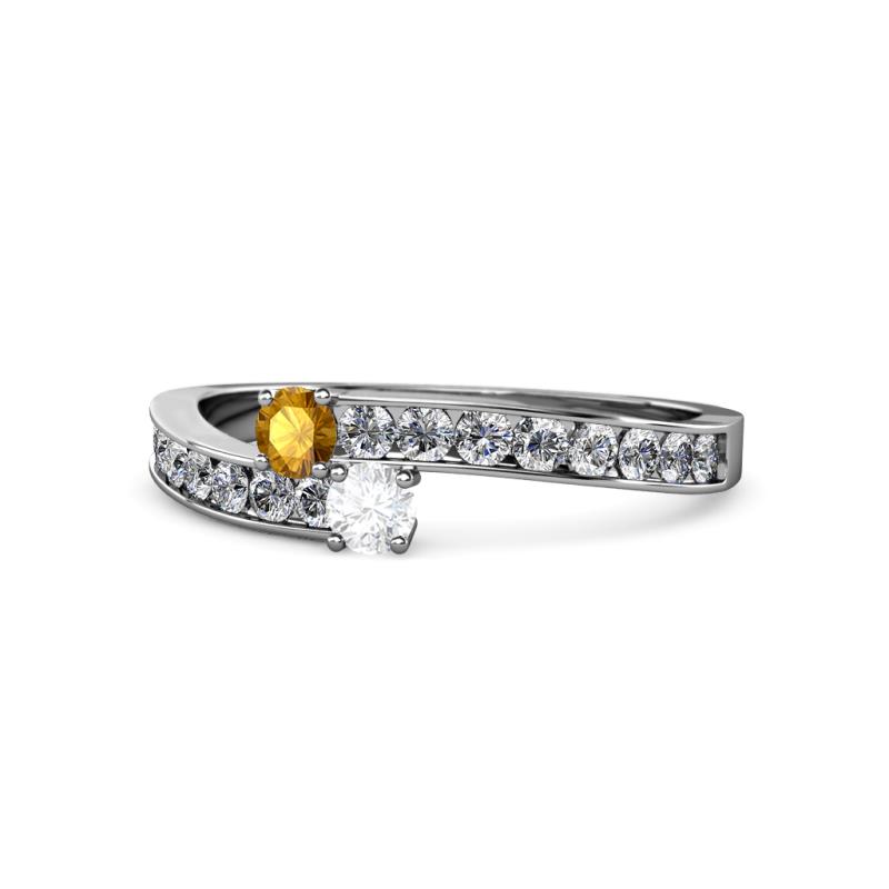 Orane Citrine and White Sapphire with Side Diamonds Bypass Ring 