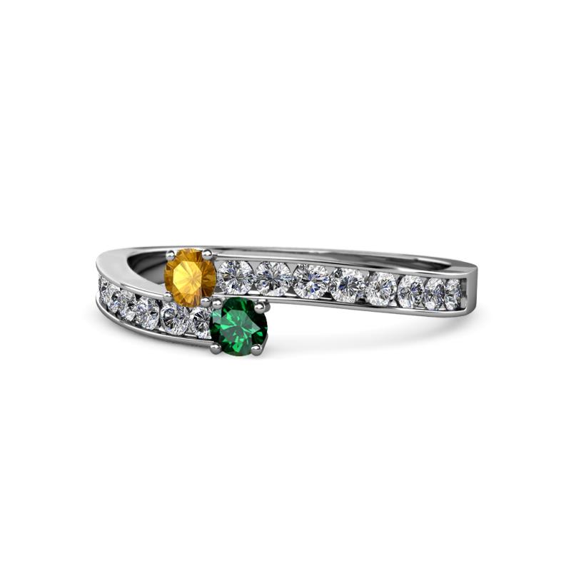 Orane Citrine and Emerald with Side Diamonds Bypass Ring 