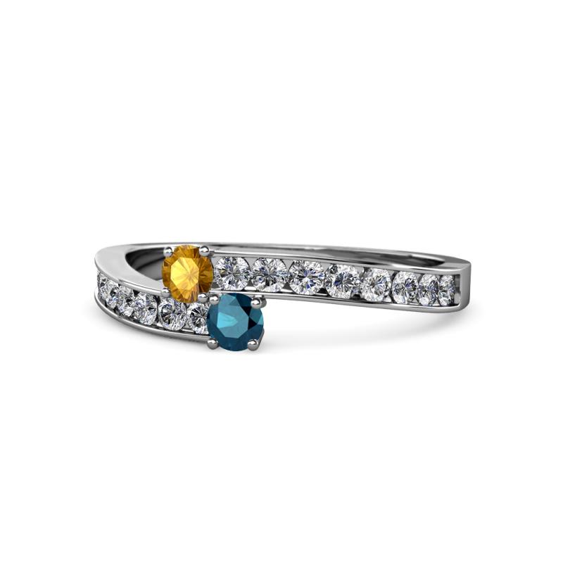 Orane Citrine and Blue Diamond with Side Diamonds Bypass Ring 