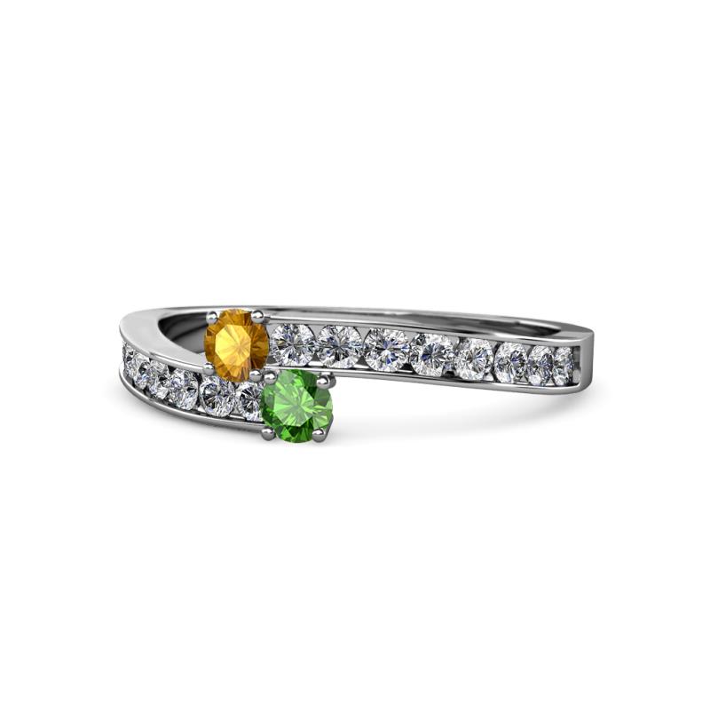 Orane Citrine and Green Garnet with Side Diamonds Bypass Ring 