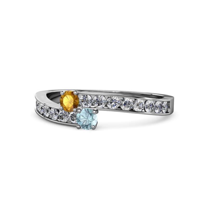 Orane Citrine and Aquamarine with Side Diamonds Bypass Ring 