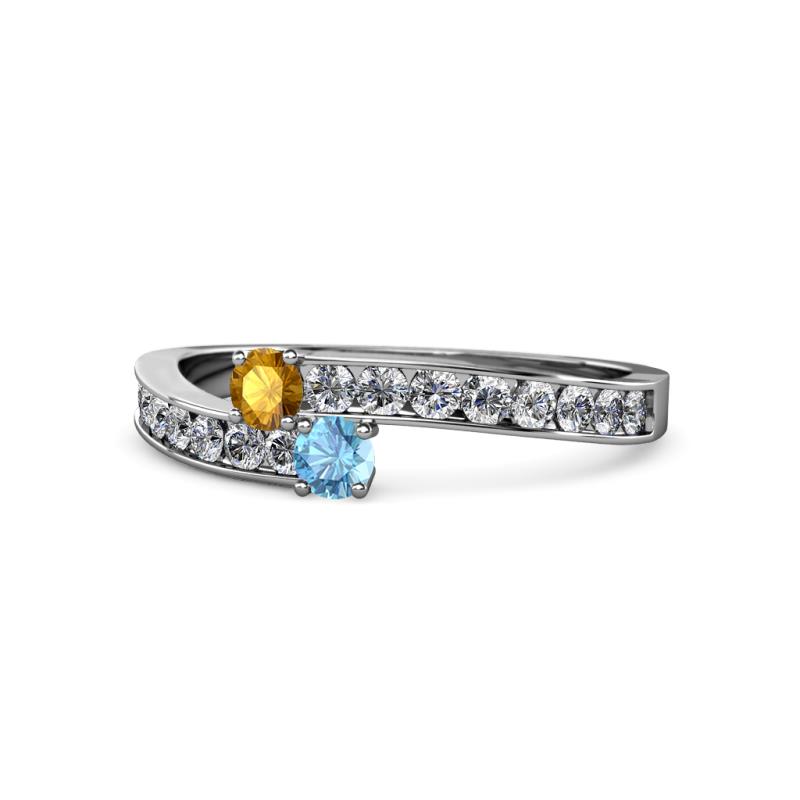 Orane Citrine and Blue Topaz with Side Diamonds Bypass Ring 