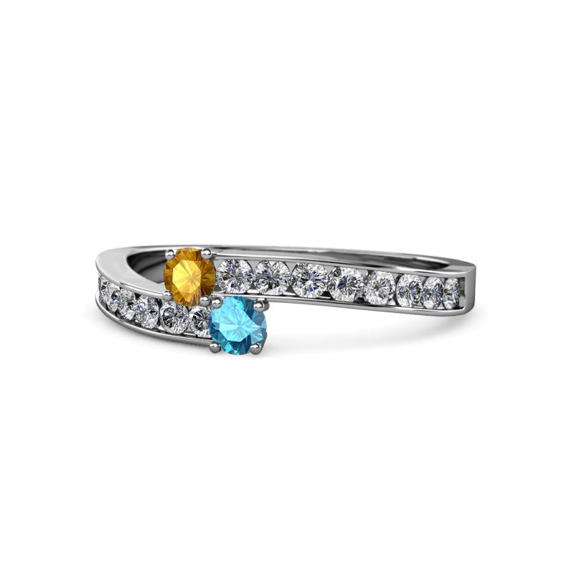 Orane Citrine and London Blue Topaz with Side Diamonds Bypass Ring 