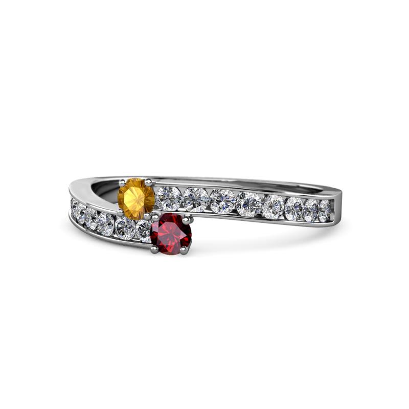 Orane Citrine and Ruby with Side Diamonds Bypass Ring 
