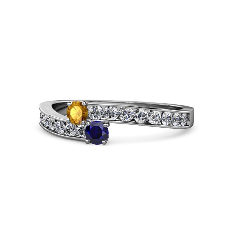 Orane Citrine and Blue Sapphire with Side Diamonds Bypass Ring 