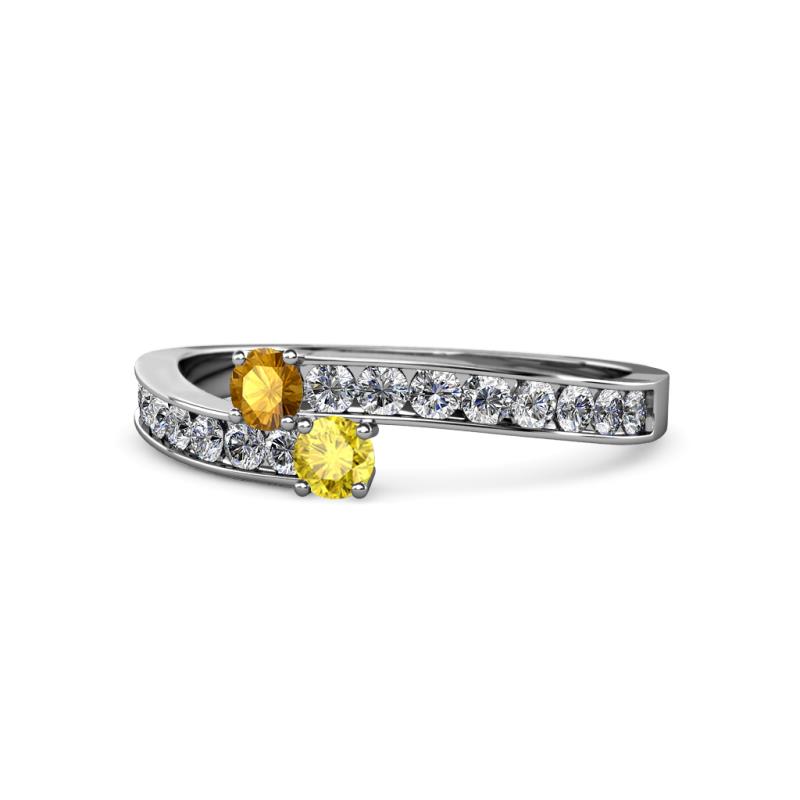 Orane Citrine and Yellow Sapphire with Side Diamonds Bypass Ring 