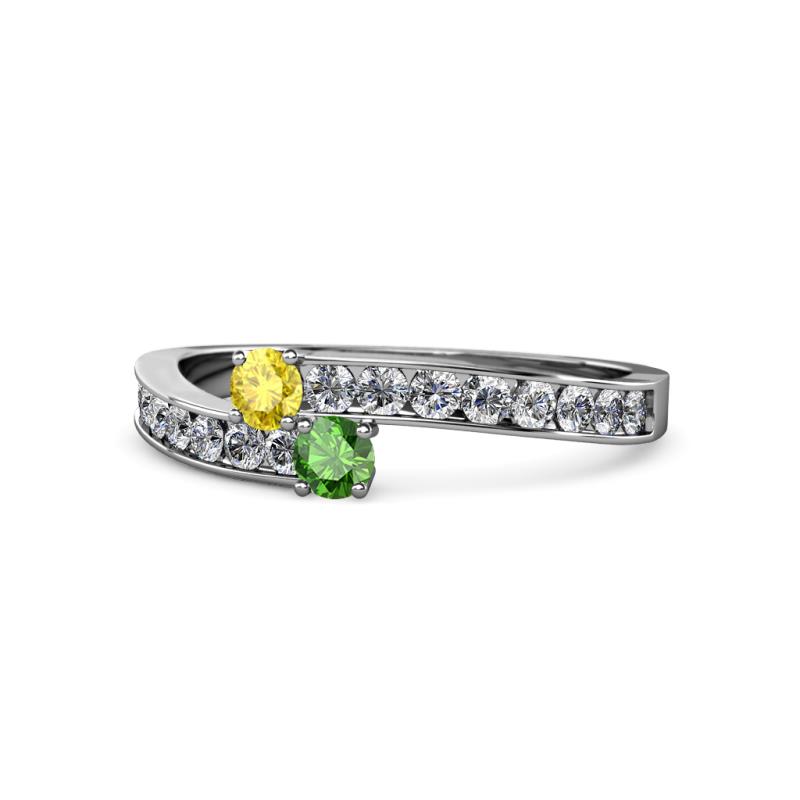 Orane Yellow Sapphire and Green Garnet with Side Diamonds Bypass Ring 