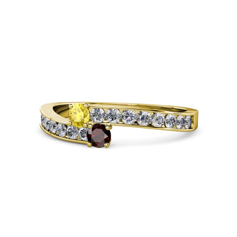 Orane Yellow Sapphire and Red Garnet with Side Diamonds Bypass Ring 