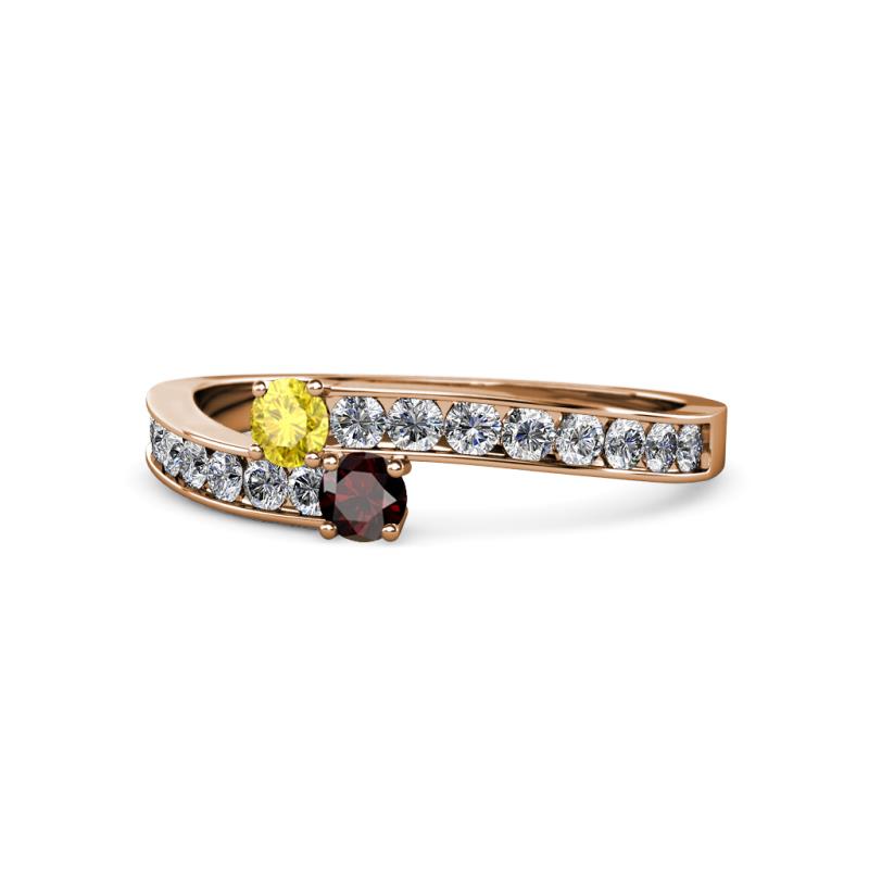 Orane Yellow Sapphire and Red Garnet with Side Diamonds Bypass Ring 
