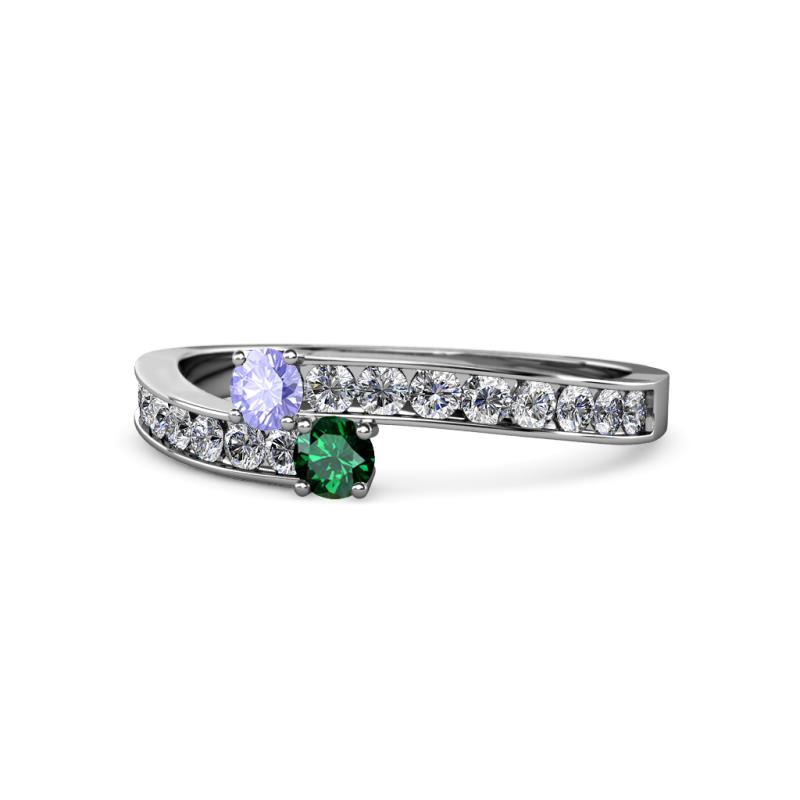 Orane Tanzanite and Emerald with Side Diamonds Bypass Ring 