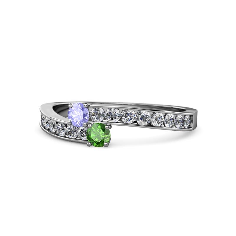 Orane Tanzanite and Green Garnet with Side Diamonds Bypass Ring 