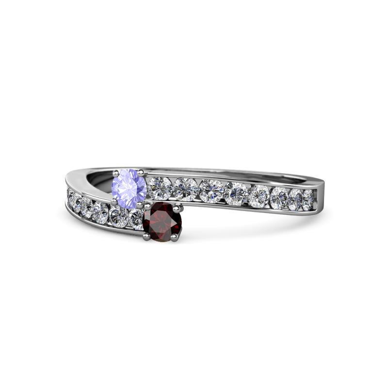 Orane Tanzanite and Red Garnet with Side Diamonds Bypass Ring 