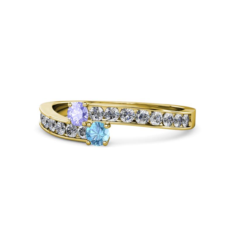 Orane Tanzanite and Blue Topaz with Side Diamonds Bypass Ring 
