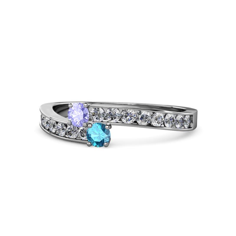 Orane Tanzanite and London Blue Topaz with Side Diamonds Bypass Ring 