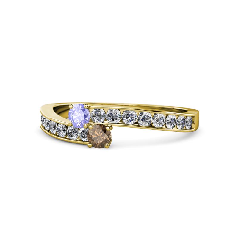 Orane Tanzanite and Smoky Quartz with Side Diamonds Bypass Ring 