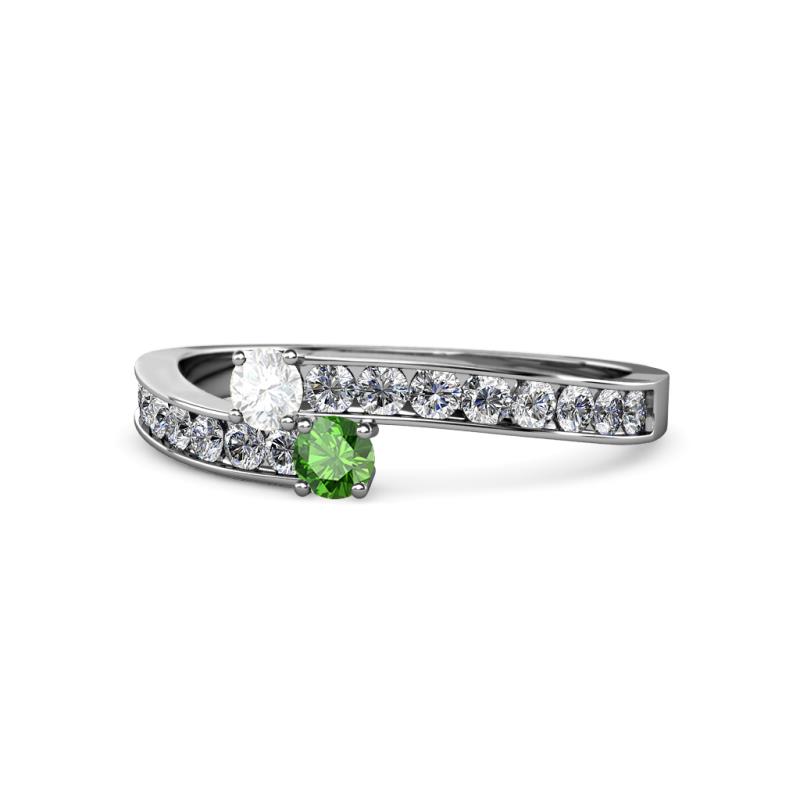 Orane White Sapphire and Green Garnet with Side Diamonds Bypass Ring 