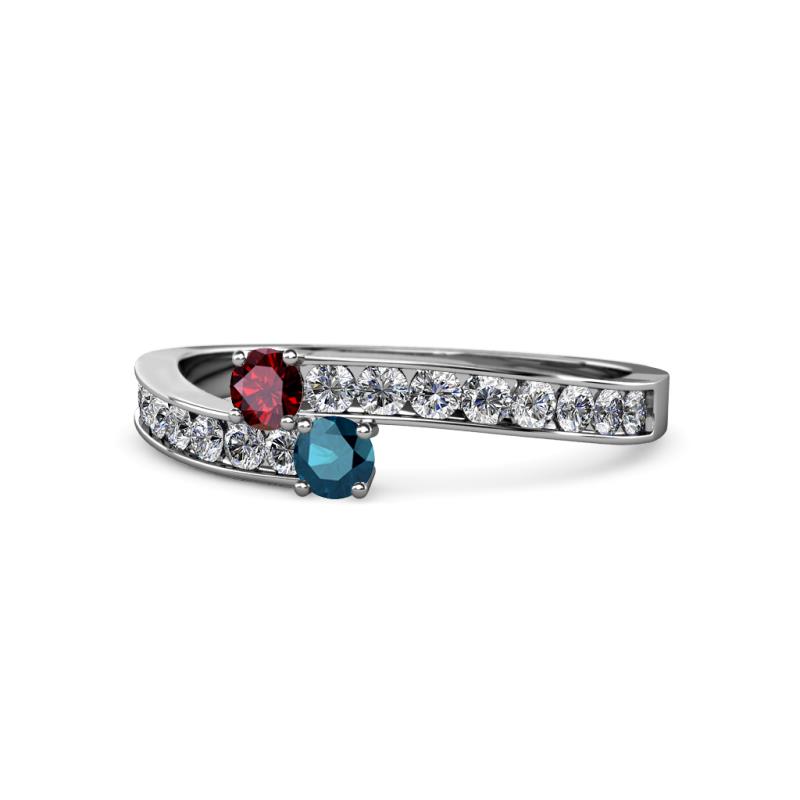 Orane Ruby and Blue Diamond with Side Diamonds Bypass Ring 