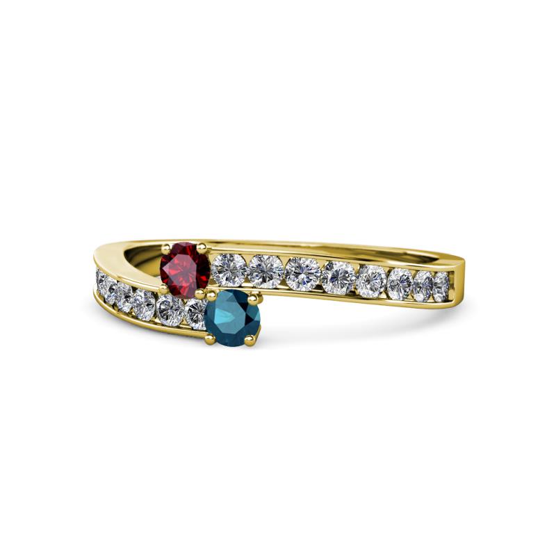 Orane Ruby and Blue Diamond with Side Diamonds Bypass Ring 