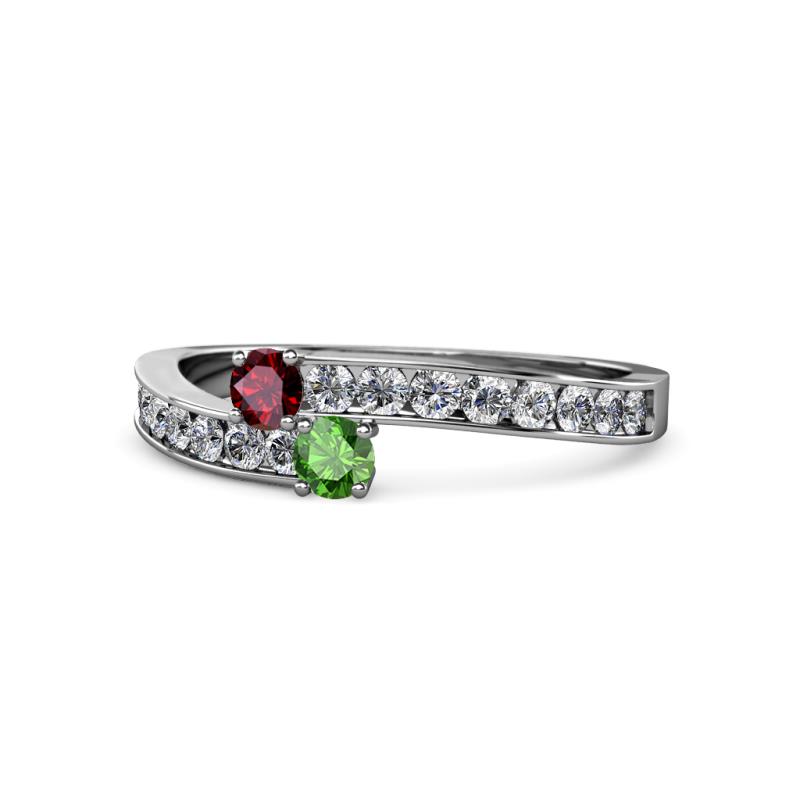 Orane Ruby and Green Garnet with Side Diamonds Bypass Ring 